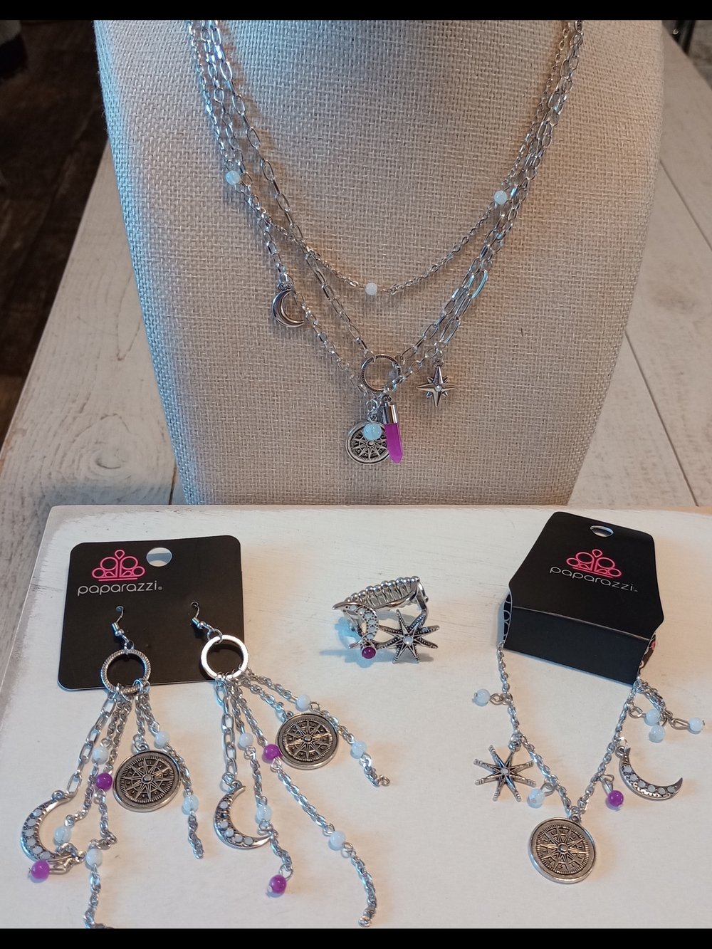 paparazzi Silver Layered Celestial Necklace with Purple Accents